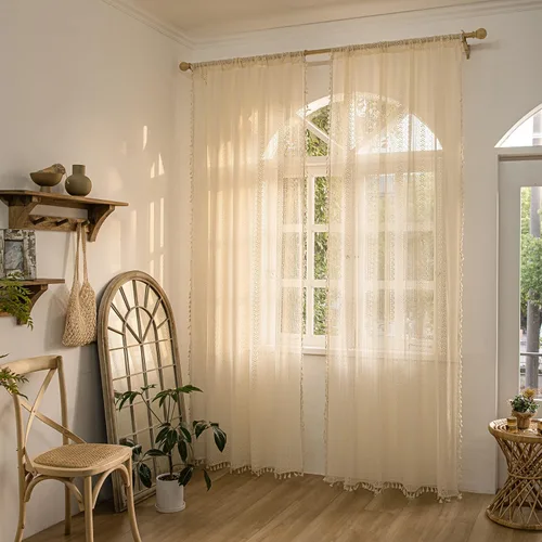 Vista 4 de Sutuo Home 2 paneles de cortinas bohemias de 63 pulgadas de largo para dormitorio, tratamientos de ventana bohemias de encaje de ganchillo Geometría