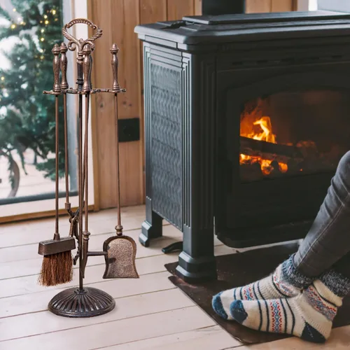 Vista 7 de Sungmor Juego de herramientas de chimenea de hierro fundido resistente, 5 herramientas de fuego con soporte, accesorios de chimenea para estufa