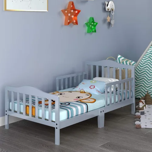 Vista 8 de Costzon Cama infantil, marco de cama clásico de madera para niños con doble barandilla de seguridad, diseño bajo al suelo, soporte de listones