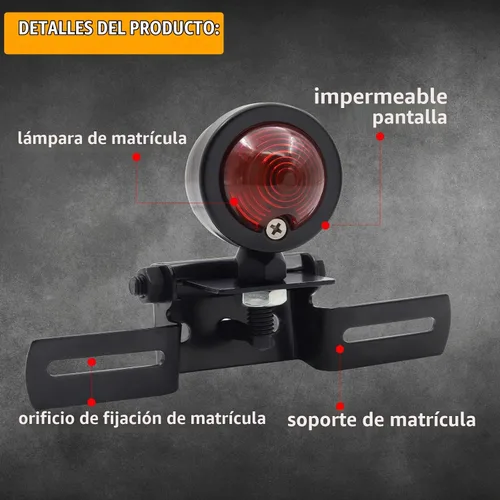 Vista 2 de Luz trasera de bala de motocicleta con soporte de placa de matrícula luz de freno para Cafe Racer Bob-ber Cho-pper personalizado negro rojo luz