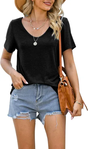 Vista 5 de Camisetas de manga corta con cuello en V para mujer, camisetas básicas casuales
