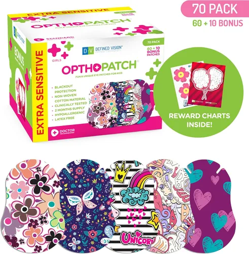 Vista 2 de Opthopatch Defined Vision - Parches para ojos para niños, diseño divertido para niñas [Serie II], 60 + 10 vendajes adhesivos de algodón