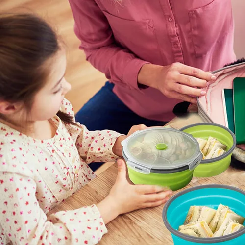 Vista 3 de 2 cuencos plegables con tapas, contenedores plegables reutilizables para preparación de comidas, contenedores de almacenamiento de alimentos