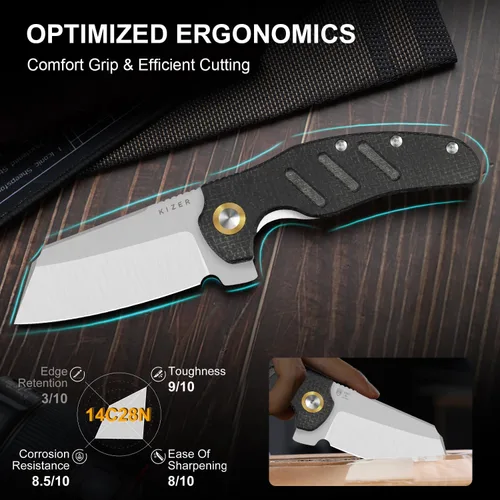 Vista 4 de Kizer C01C XL Cuchillo de bolsillo para perro pastor, 3.9 pulgadas, 14C28N, cuchillo plegable EDC con mango de arpillera negra Norplex UltreX™