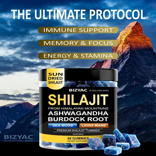 Vista 2 de Gomitas Shilajit orgánicas para hombres y mujeres con musgo marino y ashwagandha – 100% extracto del Himalaya con más de 105 minerales traza, raíz