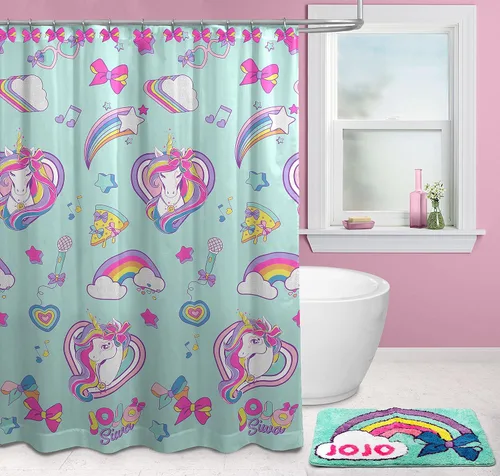 Vista 6 de Jay Franco Nickelodeon JoJo Siwa Retro Rainbow - Juego de baño de 14 piezas, incluye cortina de ducha, 12 ganchos y alfombra de baño antideslizante
