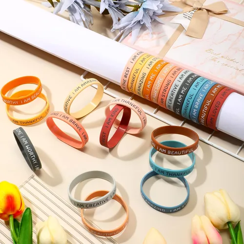 Vista 3 de Sratte 48 pulseras de silicona inspiradoras para niños, de goma motivacional, elásticas, unisex, pulseras de afirmación para estudiantes, regalo