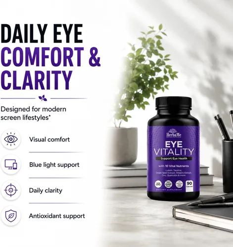 Vista 4 de HerbaMe Suplemento de vitaminas para los ojos con luteína, arándano, betacaroteno, L-taurina, zinc y quercetina, 90 cápsulas, apoya la visión