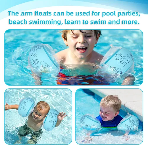 Vista 6 de Flotadores inflables de brazo para niños, bandas de brazo de natación rosa y azul para piscina, flotadores de brazo para piscina, alas de agua