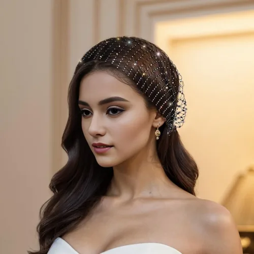 Vista 2 de Bufanda para la cabeza con diamantes de imitación para mujer, gorra elástica, turbante, diadema de discoteca, gorra de malla de cristal, redecillas