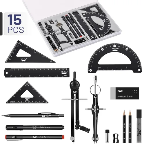 Vista 2 de Mr. Pen - Juego profesional de geometría, 15 piezas, kit de geometría negro para artistas y estudiantes, juego de geometría, reglas metálicas
