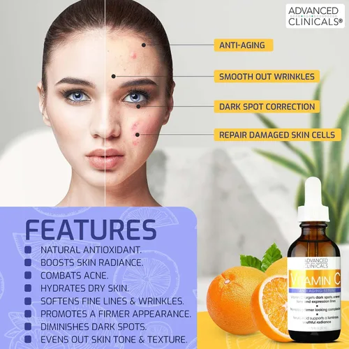 Vista 6 de Advanced Clinicals Suero facial antienvejecimiento de retinol + suero facial iluminador de vitamina C + juego de suero facial hidratante de ácido