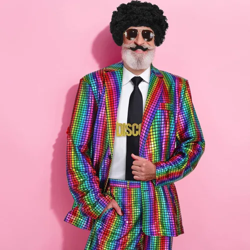 Vista 6 de Mepase Juego de 17 disfraces de discoteca de los años 70 para hombre, trajes de discoteca de Halloween, trajes de lentejuelas y pantalones, pelucas