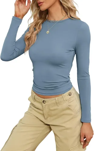 Vista 4 de Camisetas de manga larga para mujer, estilo casual, cuello redondo, Y2K, ajustadas