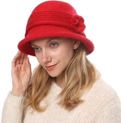 Vista 7 de C-US - Gorro de punto cálido para mujer, con visera de ganchillo con acento de flores