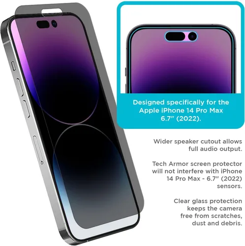 Vista 4 de Tech Armor Paquete de 1 protector de pantalla de vidrio balístico de privacidad compatible con Apple iPhone 14 Pro Max 5G de 6.7 pulgadas de vidrio