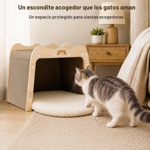 Vista 7 de SZEE Cama rascador para gatos y casa de cartón de madera maciza para gatos