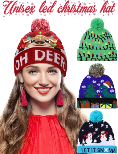 Vista 3 de 4 piezas LED Navidad Beanie Hat Led Light Up Christmas Hat Knit Christmas Cap con 6 luces, Multicolorido
