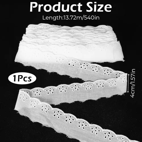 Vista 8 de Cinta de encaje de algodón blanco de 15 yardas, borde ondulado, bordados florales con volantes para coser vestidos, ropa, bolsas, muñecas, ropa