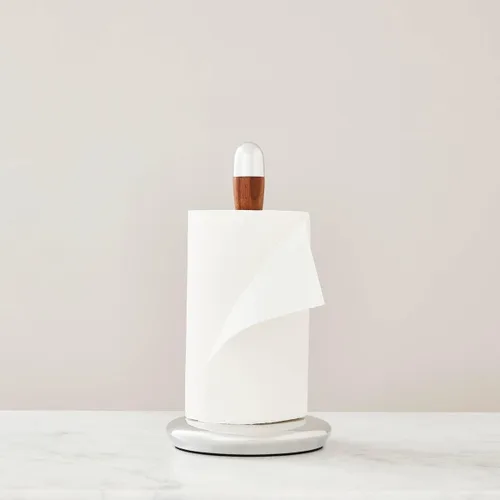 Vista 2 de nambe Curvo - Soporte para toallas de papel de madera para encimera, soporte para rollo de cocina con base pesada, hecho de madera de acacia
