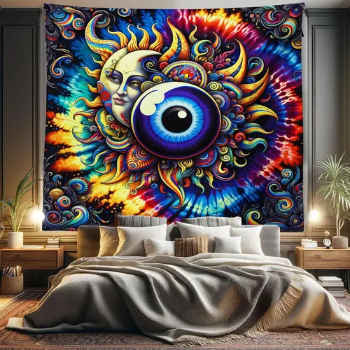 Vista 146 de Ambesonne Tapiz de hongos, atmósfera psicodélica, escena astral estrellada con motivos orientales trippy, decoración de tela para colgar en la pared