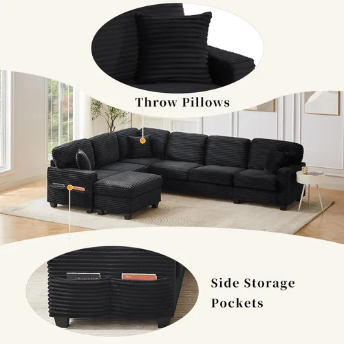 Vista 4 de Sofá modular de 125.2 pulgadas, sofá tapizado en forma de U con otomana móvil y bolsillos laterales de almacenamiento para sala de estar, color negro