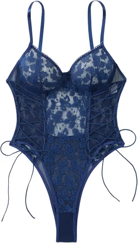 Vista 20 de Lilosy Teddy de Lencería Sexy para Mujer con Cordones y Bordado Floral, Body Top de Malla Transparente de Una Pieza Verde militar