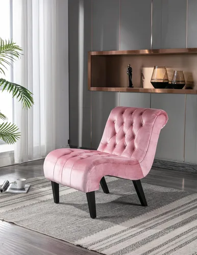 Vista 17 de Modern Velvet Armless Accent Living Room Chair,Upholstered Fabric Button Comfortable Leisure Chair with Wooden Legs for Bedroom,Office (Beige Velvet)