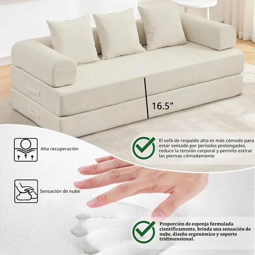 Vista 7 de Sofá cama convertible 4 en 1 de 79 pulgadas, sofás sin hueso, cama plegable de felpilla con cama extraíble, futón de suelo, sofá biplaza modular