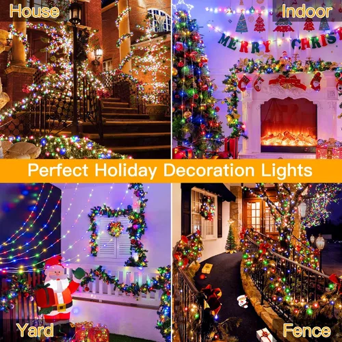 Vista 6 de Ollny Luces de Navidad para exteriores, 600 LED de 197 pies, luces multicolor para árbol de Navidad IP67, luces de hadas enchufables con control