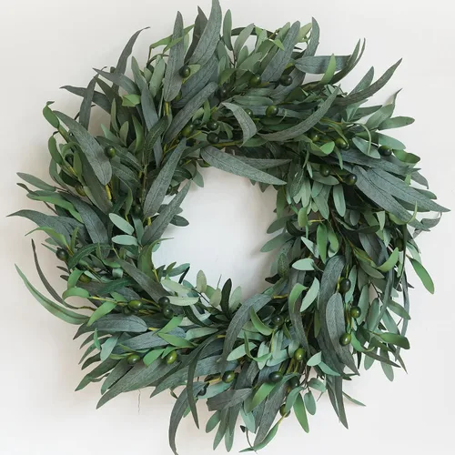 Vista 7 de Corona de olivo para puerta delantera de 22 pulgadas, corona de vegetación para todas las estaciones con hojas de olivo y frutos, decoración