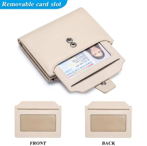 Vista 6 de Cartera de piel plegable con bloqueo RFID para mujer, tarjetero compacto con bolsillo con cremallera para monedas y 4 ventanas de identificación