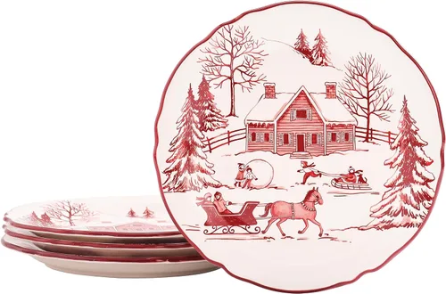 Vista 8 de Bico Juego de 4 platos de ensalada de gnomos de Navidad, platos de postre de cerámica de 8.75 pulgadas para ensalada, aperitivo, guarniciones