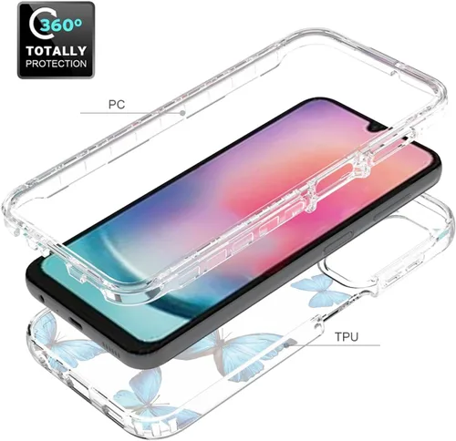 Vista 3 de Funda para Galaxy A24 4G, Samsung A24 4G SM-A245F con protector de pantalla de vidrio templado, funda protectora de cuerpo completo transparente