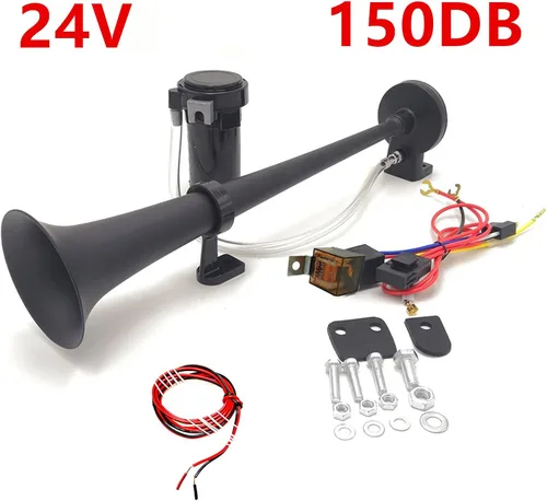 Vista 4 de Bocina de aire de 12 V 150 DB Bocina de coche 17.7 in Altavoz de coche Negro Cromo Zinc Trompeta simple Bocina súper fuerte con bomba de aire Bocina
