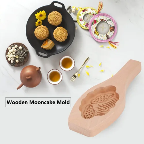 Vista 8 de Zerodis Mooncake - Modelo de madera, modelo de pastel de luna de festival con patrón de flores 3D, herramientas de decoración para galletas