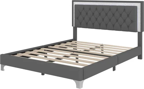 Vista 8 de Merax Cama de plataforma tapizada, tamaño Queen, tela de terciopelo LED, marco de cama de madera con luces LED y cabecera copetuda para dormitorio