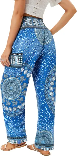 Vista 2 de QIANXIZHAN - Pantalones harén para mujer, pantalones bohemios de yoga con cintura alta y bolsillos