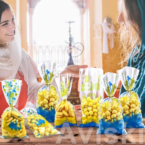 Vista 5 de Aviski 150 bolsas de regalo para fiesta de Eid Mubarak, con temática de Ramadán, bolsas de regalo de celofán de plástico transparente con lazos