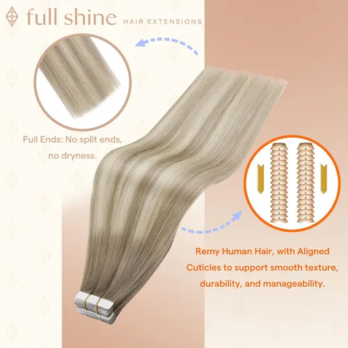 Vista 74 de Full Shine - Extensiones de cabello humano con cinta, mezcla de rubio hongo # 8 castaño ceniza resaltado 60 rubio ceniza