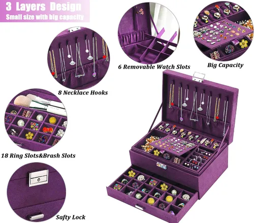 Vista 2 de Cajas de Joyería para Mujeres Morado Organizador de Joyas de Terciopelo con Cerradura, Organizadores de Joyas para Adolescentes y Caja Organizadora