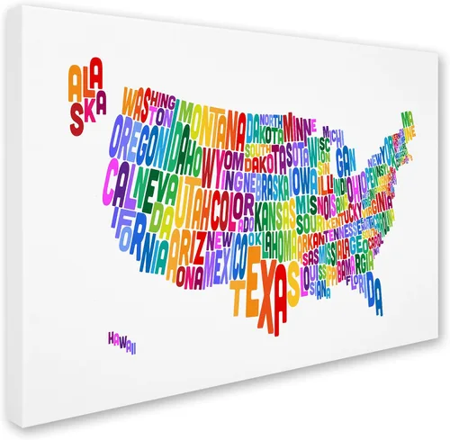 Vista 2 de Trademark Fine Art Mapa de texto de Estados Unidos 3 por Michael Tompsett Lienzo Artwork, 14 x 19 pulgadas