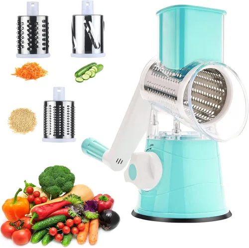 Vista 8 de Rallador de queso giratorio manual redondo para verduras, patatas y zanahorias, 3 rallador de queso intercambiable, rebanador de mandolina con base