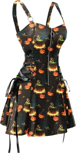 Vista 2 de J&DHUASHA Vestido de Halloween para mujer, gótico, de cintura alta, sin espalda, tirantes delgados, cremallera media, vestido de fiesta de Halloween