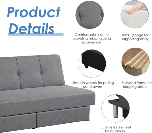 Vista 6 de OUDINI Sofá cama futón de tela, sofá futón convertible, sofá de espuma viscoelástica, sofá biplaza convertible, para sala de estar, dormitorio