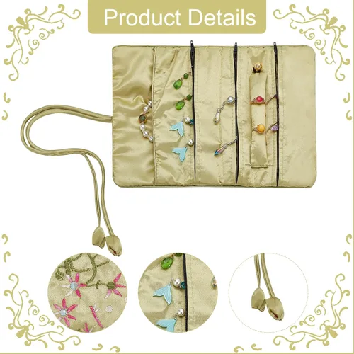 Vista 3 de WEBEEDY Bolsa de joyería de viaje bordada, bolsa de joyería bordada de flores para anillos, collares, aretes, pulsera, organizador con lazo Clos