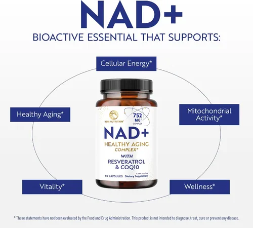 Vista 2 de Suplemento NAD+ con resveratrol Complejo de envejecimiento saludable Alternativa NMN con CoQ10, urolitina A y más Probado por terceros Apoyo