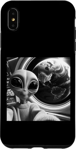 Vista 7 de iPhone 14 lindo alienígena divertido negro y blanco selfie UFO Earth caso