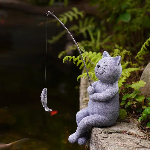 Vista 11 de Goodeco Estatua de jardín de Fishergirl – Pequeño pescador de 11 pulgadas para estanque Koi o cascadas, estatua junto a la piscina con guijarros que