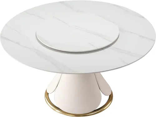 Vista 5 de Mesa de comedor redonda moderna de 59 pulgadas con suspensión perezosa desmontable de 31.5 pulgadas, mesa de comedor de mármol de piedra sinterizada